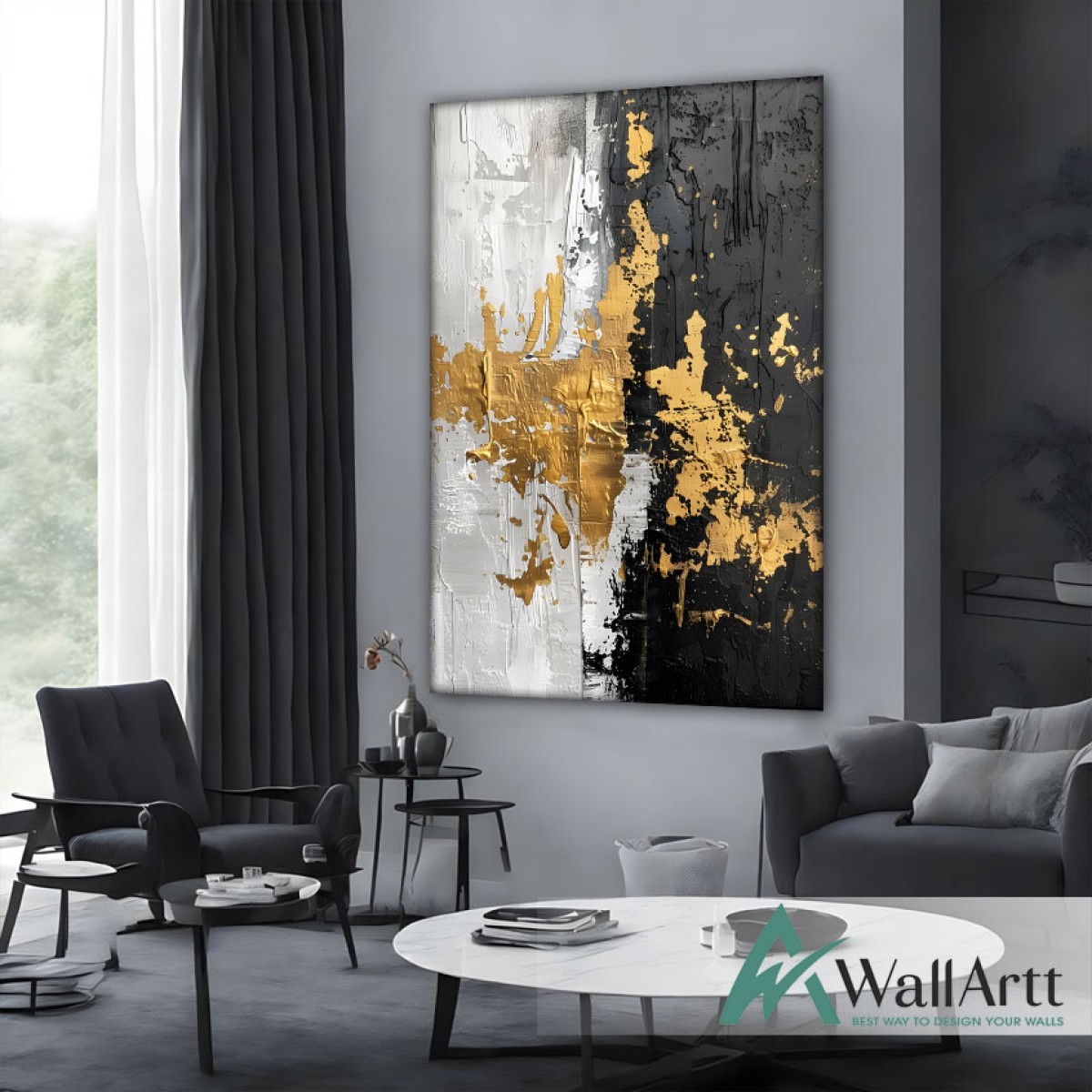 Gold Foil on Black n White 3d Heavy Textured Partial Oil Painting